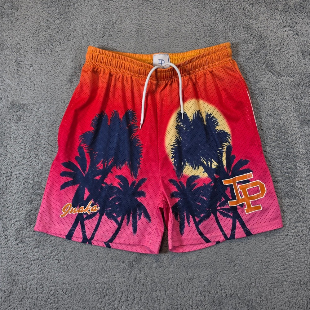 Inaka Power Mesh Shorts Mens L Orange Pink Sunset Palm Tree Graphic 4" Athletic